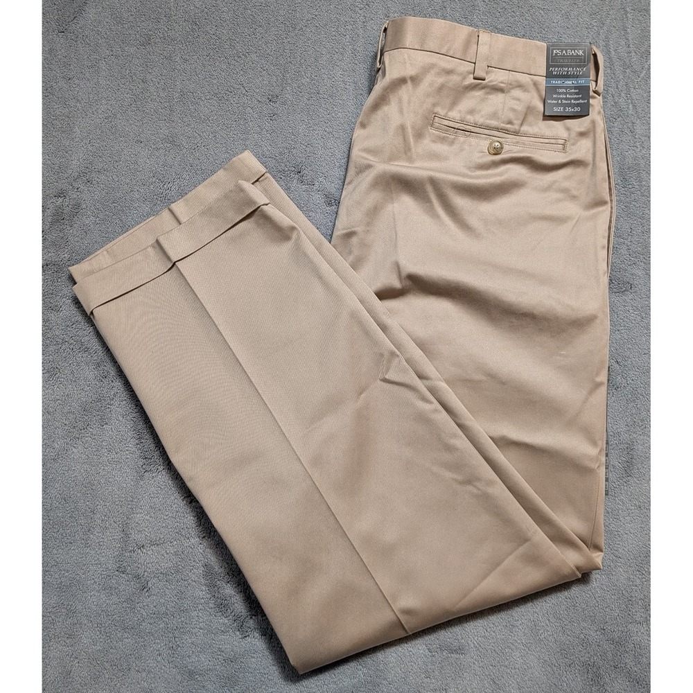 Jos A Bank Traveler Mens 35x30 Pants Khaki Traditional Fit 100% Cotton Woven